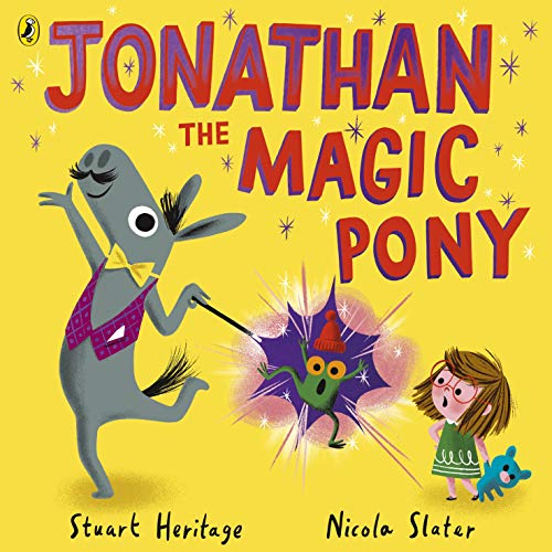 Gray pony with wand conjures a purple monster for a girl.