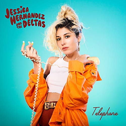 Jessica Hernandez holding a vintage telephone receiver against a bright teal background.