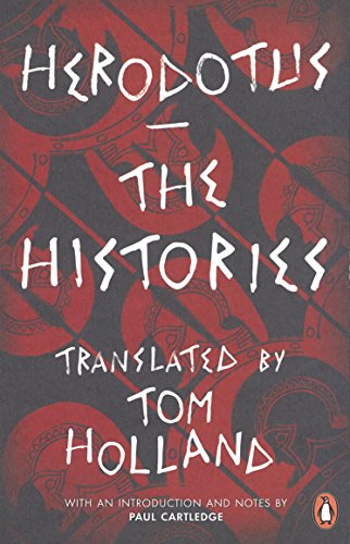 Book cover for Herodotus' The Histories, translated by Tom Holland, with red patterns.