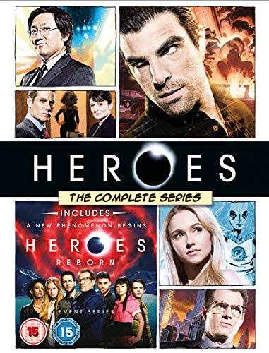 Heroes: The Complete Series" DVD cover featuring character portraits and action scenes.