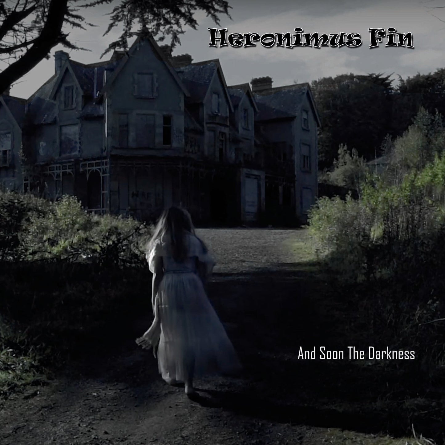 Dark, gothic mansion with a figure walking away on a path.