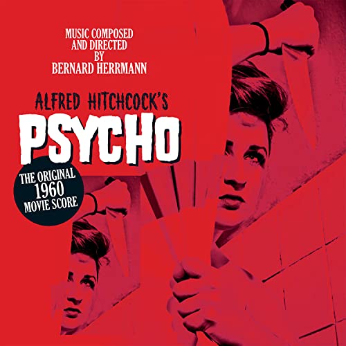 Red album cover for "Psycho" soundtrack by Bernard Herrmann, featuring Janet Leigh.