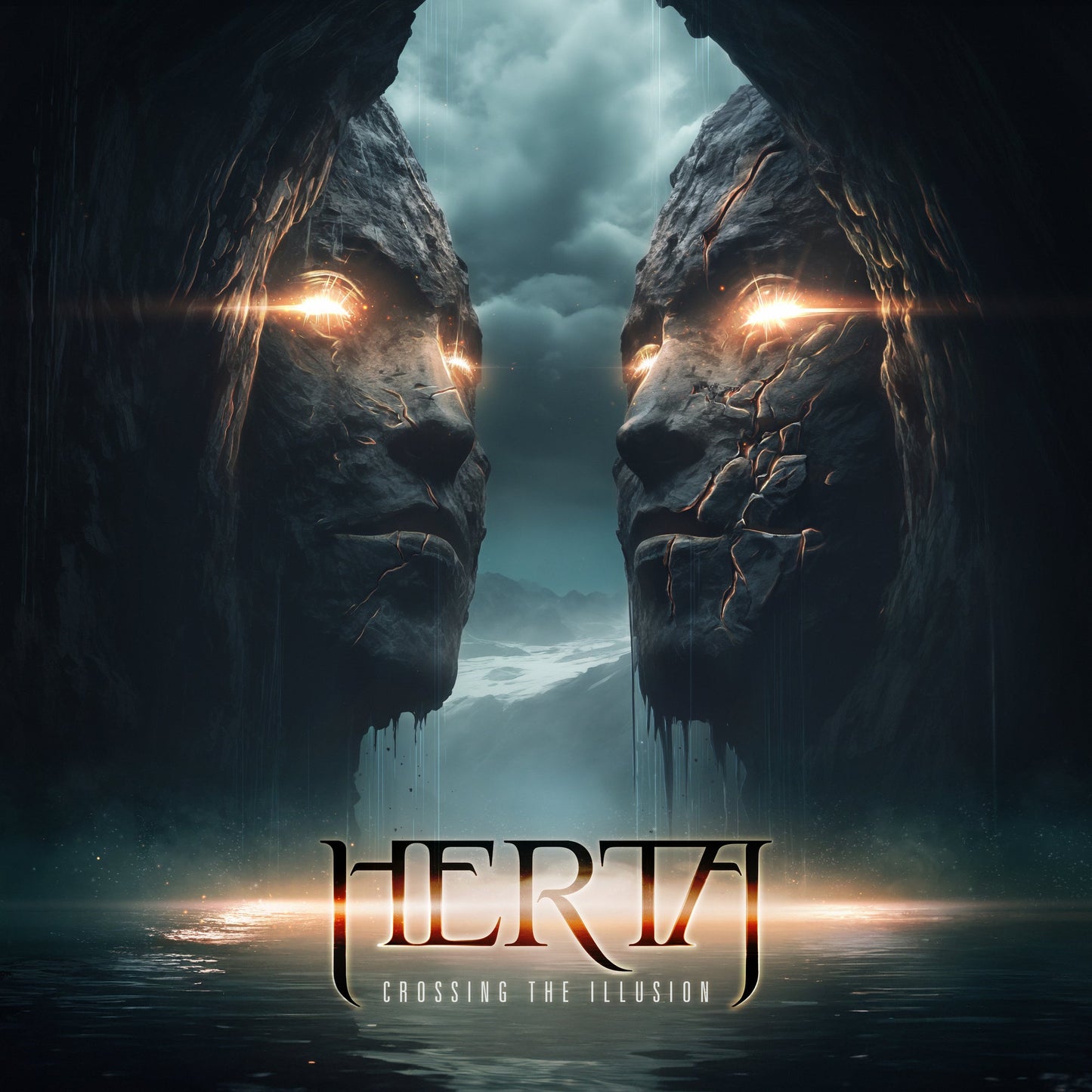 Album cover: two stone faces with glowing eyes over dark water.
