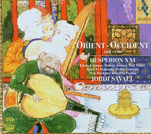 CD cover: miniature painting of musicians with Jordi Savall’s “Orient-Occident”.