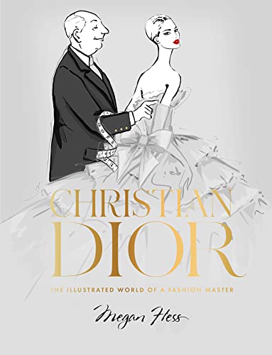 Book cover illustration of Christian Dior tailoring a gown on a model.