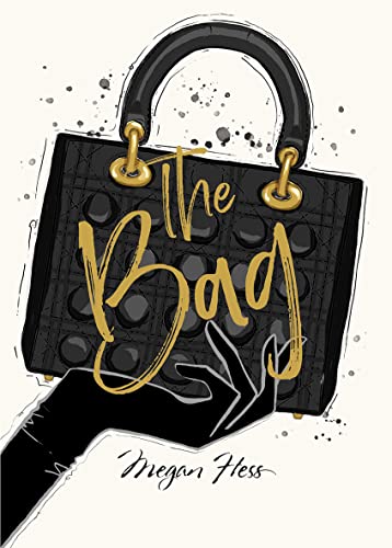 Black and white illustration of a handbag with gold lettering and script.