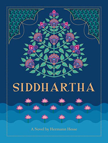 Book cover of Siddhartha by Hermann Hesse featuring a stylized tree and floating lotuses.