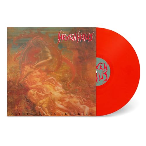 Red vinyl record with painted cover depicting figures in a fiery scene.