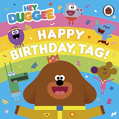 "Children's book cover featuring a smiling brown bear and colorful characters, with confetti and rainbow."