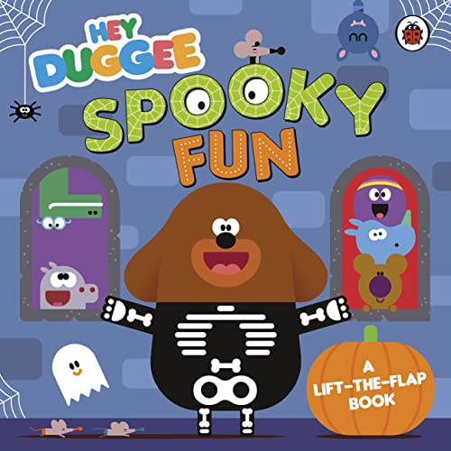 Hey Duggee wearing a skeleton costume with characters in windows and a pumpkin.