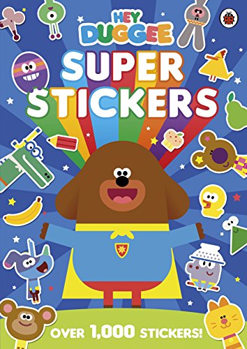 Hey Duggee as a superhero surrounded by colorful stickers.