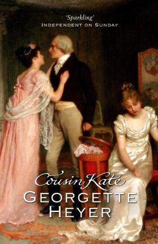 Book cover: “Cousin Kate” by Georgette Heyer, featuring three people in Regency attire.