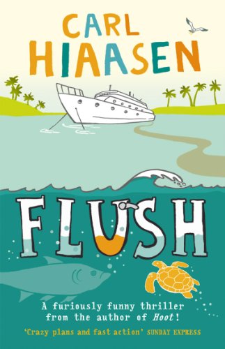 Book cover for Flush by Carl Hiaasen featuring a boat, a fish, and turtle.