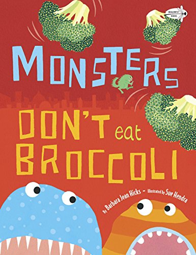 Book cover: colorful monsters and falling broccoli on a red background.
