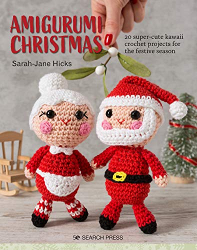 Book cover featuring two crocheted Santa figures under mistletoe.