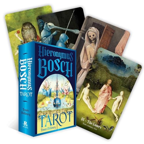 Hieronymus Bosch Tarot box set with guidebook and several cards featuring surreal artistic imagery.