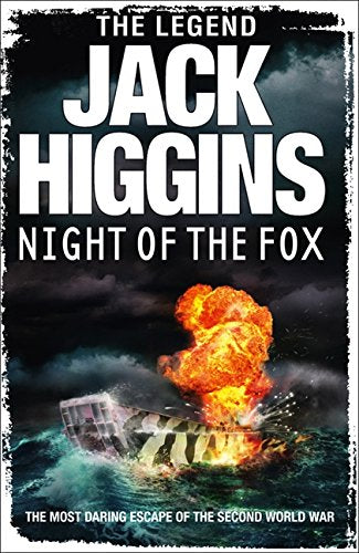 Book cover: "Night of the Fox" with a burning boat in stormy seas.