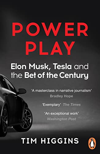 Book cover for "Power Play" about Elon Musk and Tesla, with a car.
