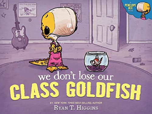 Cartoon dinosaur looking at a goldfish bowl, book cover illustration.