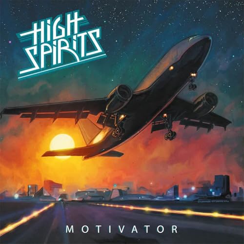 CD cover: airplane taking off towards a sunset over a city.