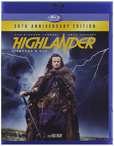 “Highlander” 30th Anniversary Blu-ray cover featuring Christopher Lambert with a sword.