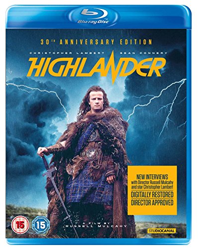 Highlander Blu-ray cover featuring a man in historical costume holding a sword against lightning.