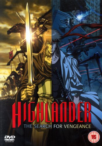Highlander: The Search for Vengeance DVD cover with sword-wielding anime character.