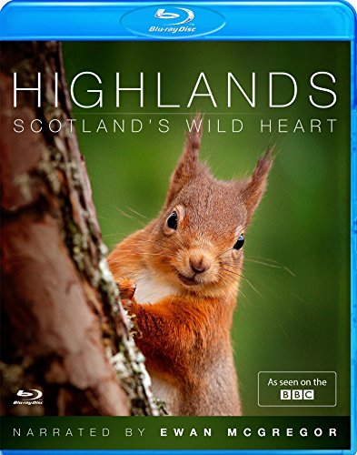 Blu-ray cover featuring a red squirrel on a tree trunk, titled Highlands Scotland's Wild Heart.