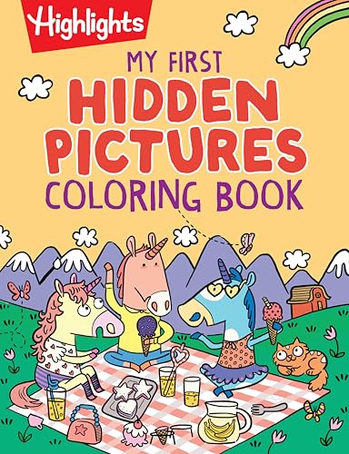 Cover of a coloring book featuring unicorns and a cat having a picnic.
