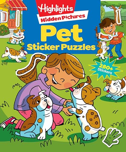 Activity book with colorful stickers of dogs, cats, and other pets.