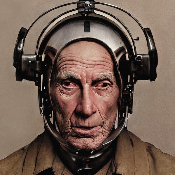 Close-up portrait of an elderly man wearing a complex, metallic headset.