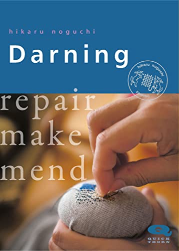 Book cover titled Darning showing hands mending a grey fabric item with needlework.
