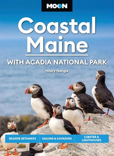 Travel guidebook cover featuring puffins and the text "Coastal Maine.