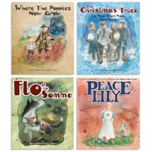 Four book covers depicting scenes related to war and remembrance.