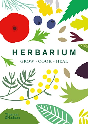 Book cover titled Herbarium featuring colorful flat-style illustrations of various leaves, flowers, and seeds.