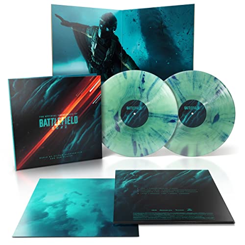 Battlefield 2042 vinyl soundtrack set featuring two marbled teal discs and illustrated gatefold packaging.
