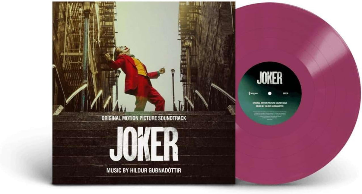 Joker soundtrack album cover featuring the Joker on stairs next to a purple vinyl.