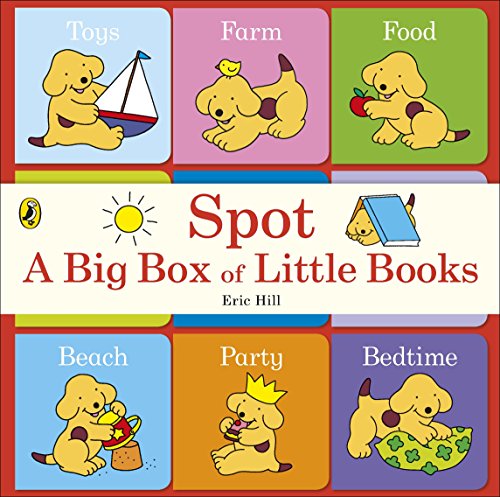 "Children's book cover featuring a yellow dog in various scenes, with red border."