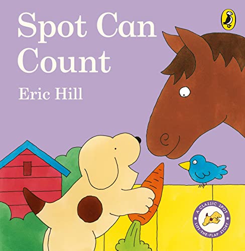 Spot the puppy and a horse share a carrot in a field.