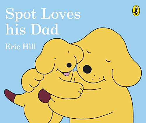 Yellow cartoon of a small dog hugging a larger dog.