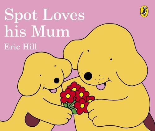 Yellow cartoon puppy and mother dog with a bouquet of red flowers.