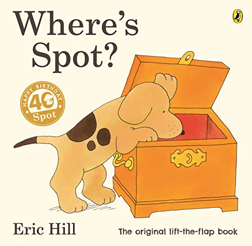 "Children's book cover featuring a dog peeking into an orange trunk."