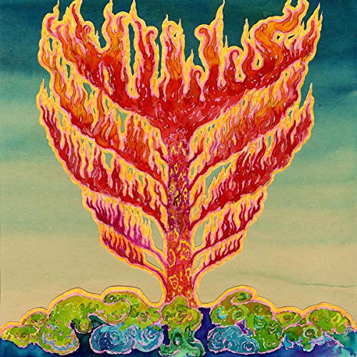 Watercolor painting of a fiery tree with green and blue foliage.