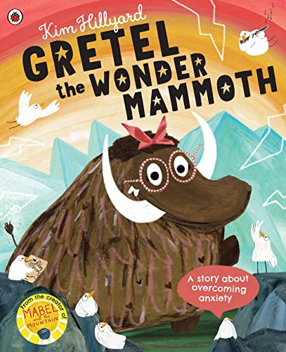 A brown mammoth with glasses and a red bow stands among mountains and birds.