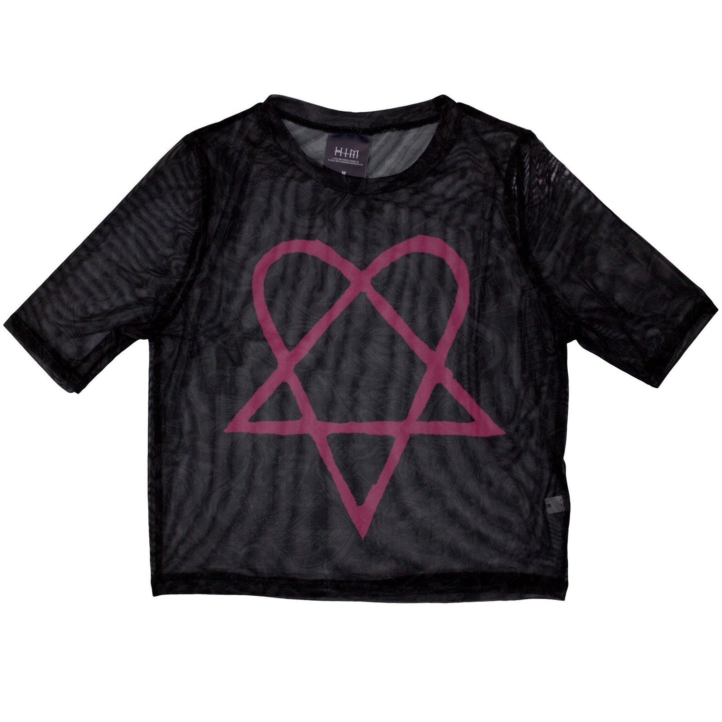 Pink mesh crop top with a black heartagram design, size large.