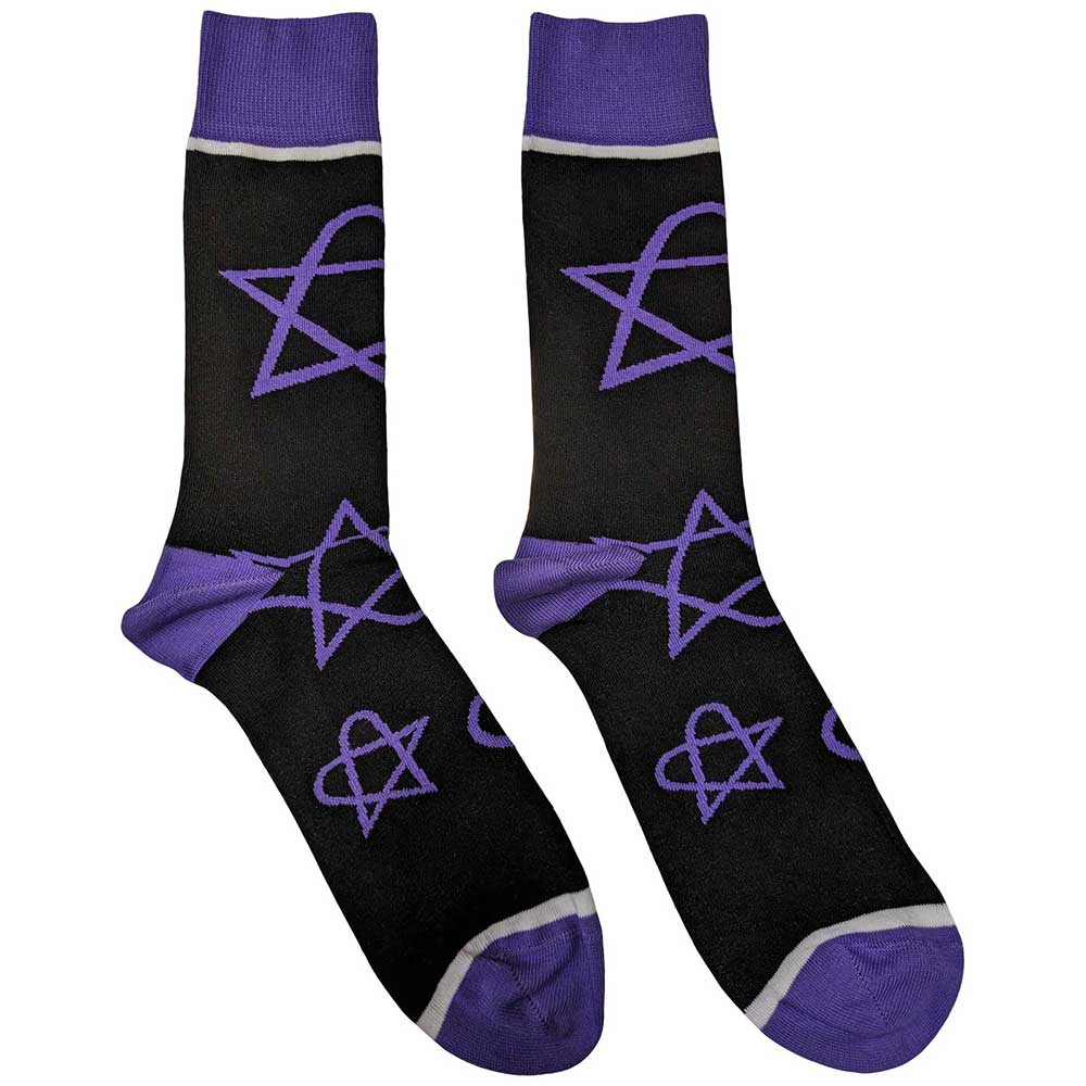 A pair of black ankle socks featuring a repeating purple HIM Heartagram logo pattern.