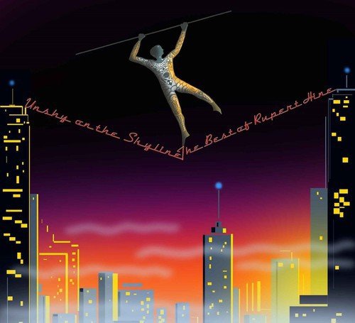 "Album cover: man balancing on pole above city skyline at sunset."