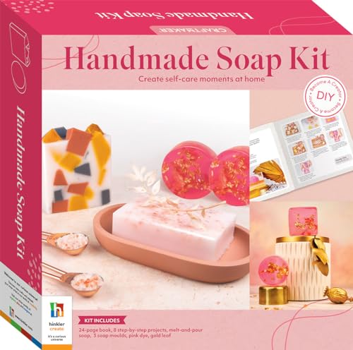 Handmade soap kit box with images of colorful, decorated soaps and instructions.
