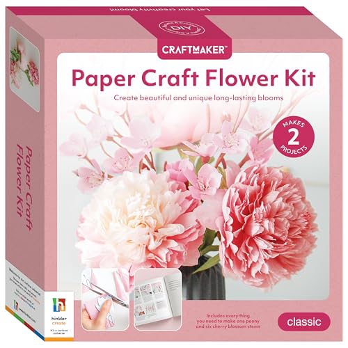 Pink box for a DIY paper flower craft kit, showing finished blooms.