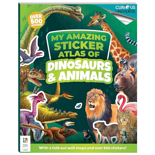 Cover of a sticker atlas book featuring illustrations of various dinosaurs and wild animals.
